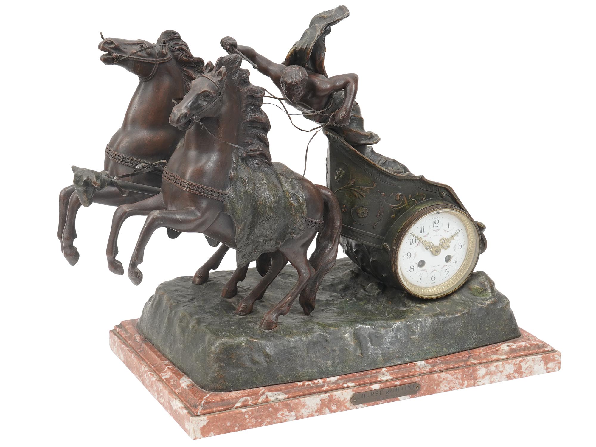 FRENCH FIGURAL ROMAN CHARIOT SPELTER MANTEL CLOCK PIC-0